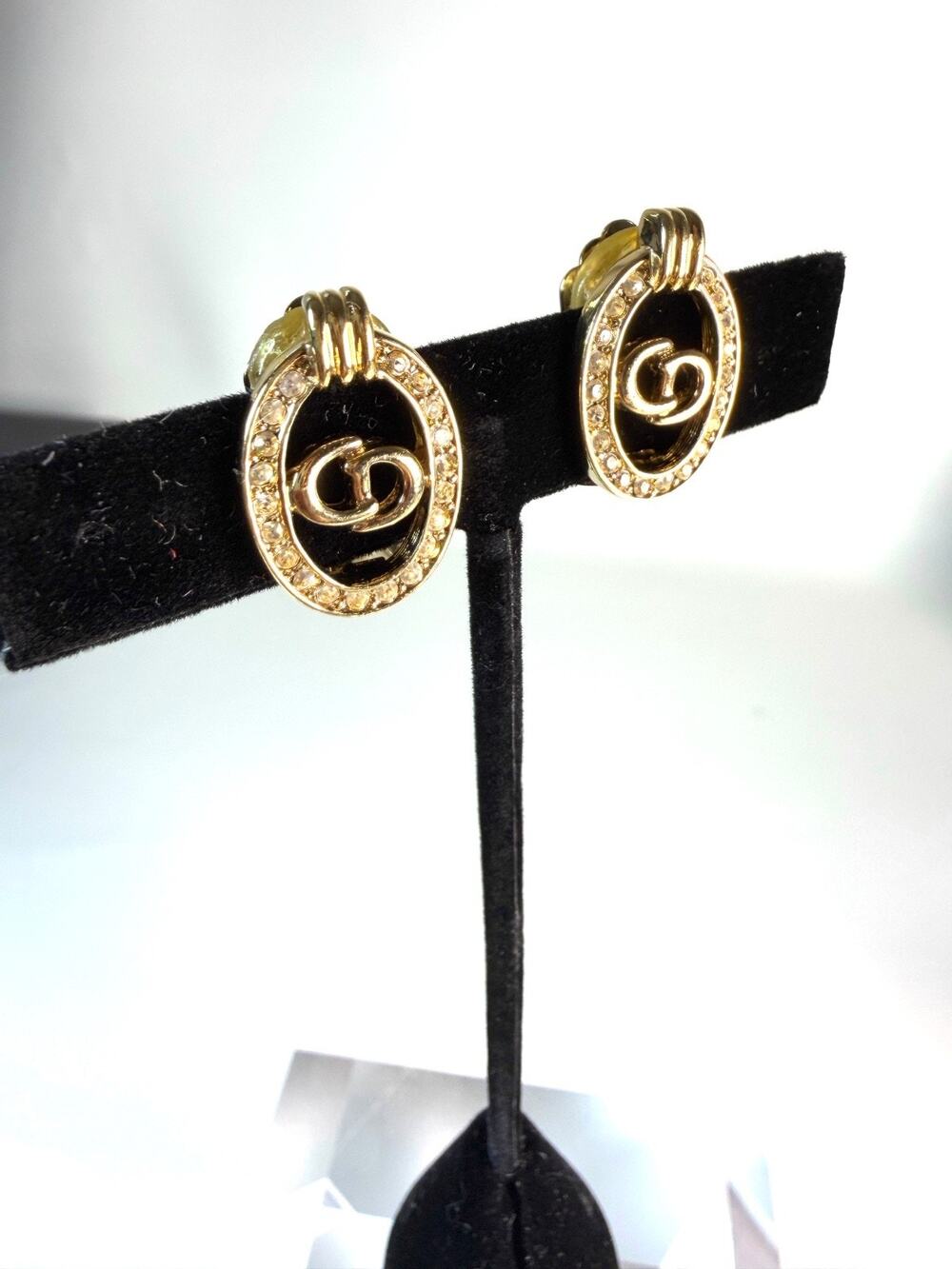 Vintage Christian Dior Rhinestone Oval CD Logo Clip On Earrings Germany Authenti